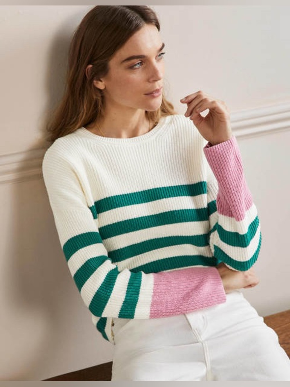 Boden Striped Wide-sleeve Sweater with a Crew Neck and Color-block Cuffs Size 12